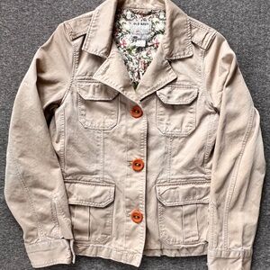 Old Navy Cargo Safari Chore Jacket Floral Lined 100% Cotton Sz M Khaki